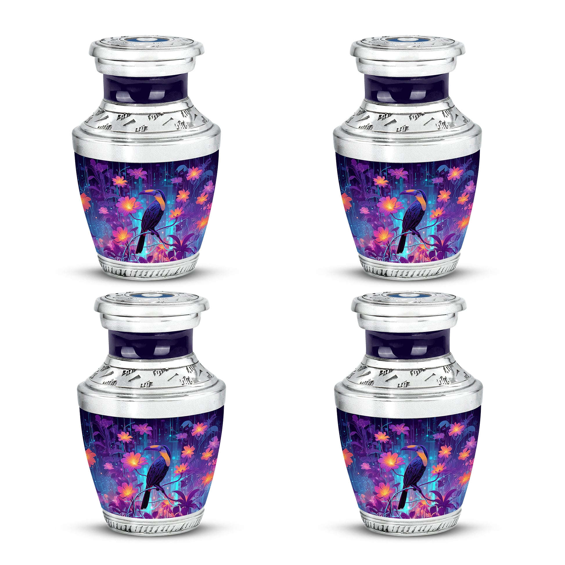 Twilight Blue Hornbill Cremation Urn back view with polished surface - stylized abstract hornbill pattern with bold lines - 10 inch aluminum urn for cremated remains