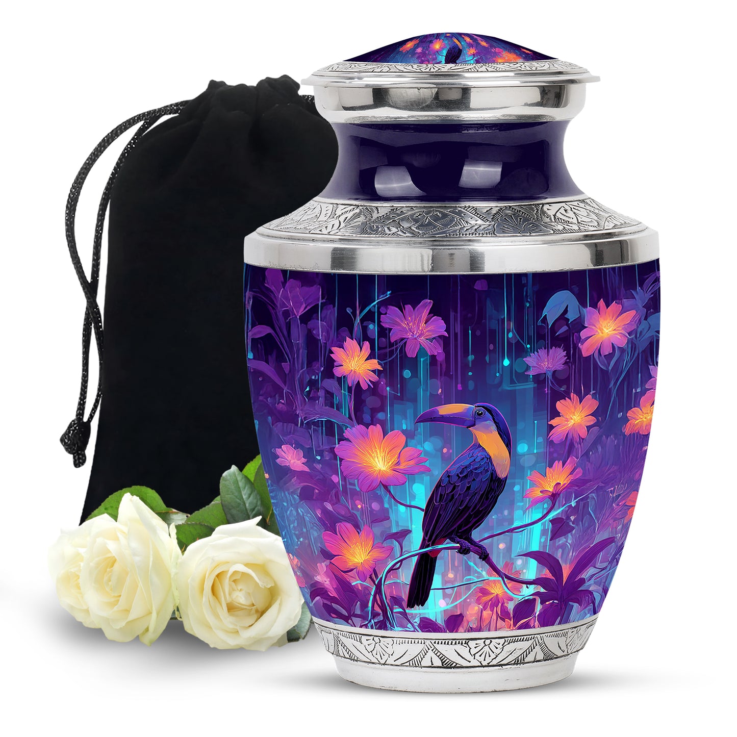 Vivid Blue Hornbill Cremation Urn side profile showing urn shape - artistic hornbill interpretation with creative detail - full-size 10 inch 200 cubic inch adult cremation urn