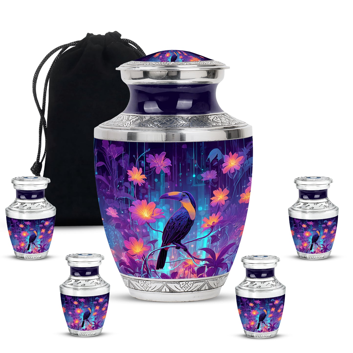 Cobalt Blue Hornbill Cremation Urn lifestyle display on memorial shelf - artistic hornbill interpretation with creative detail - memorial set with one large and four small urns