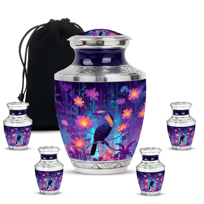 Cobalt Blue Hornbill Cremation Urn lifestyle display on memorial shelf - artistic hornbill interpretation with creative detail - memorial set with one large and four small urns