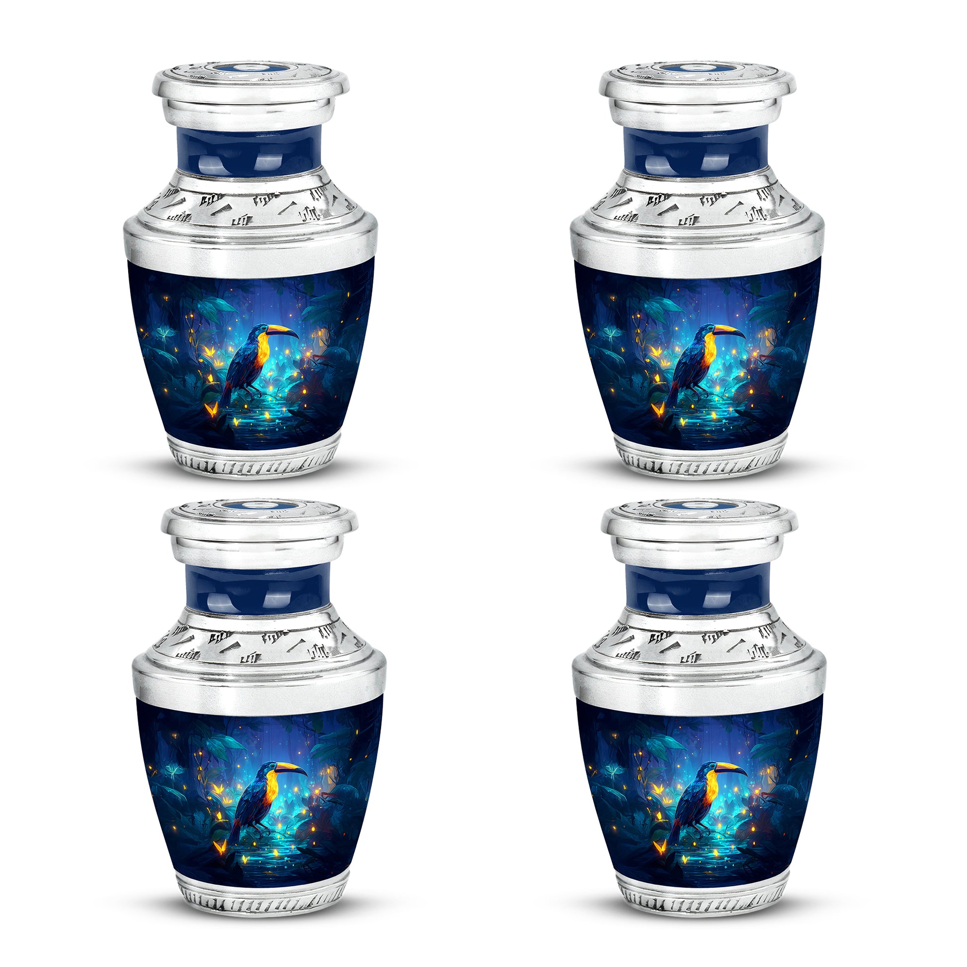 Navy Blue Hornbill Cremation Urn back view with polished surface - modern art-inspired hornbill motif on sleek aluminum - 10 inch aluminum urn for cremated remains