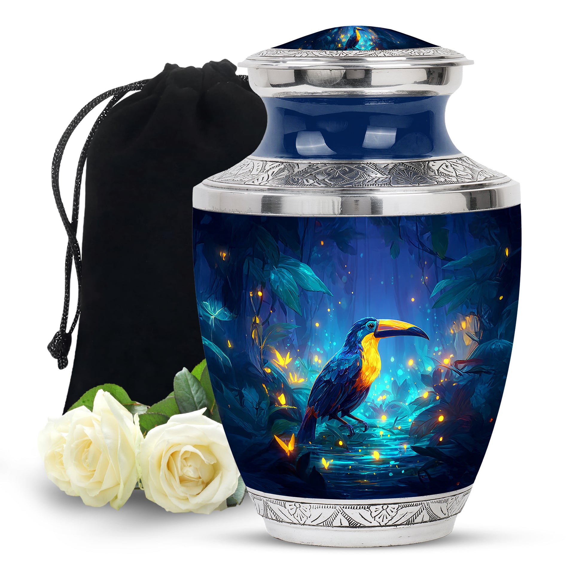 Celestial Blue Hornbill Cremation Urn side profile showing urn shape - modern art-inspired hornbill motif on sleek aluminum - full-size 10 inch 200 cubic inch adult cremation urn