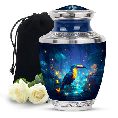 Celestial Blue Hornbill Cremation Urn side profile showing urn shape - modern art-inspired hornbill motif on sleek aluminum - full-size 10 inch 200 cubic inch adult cremation urn