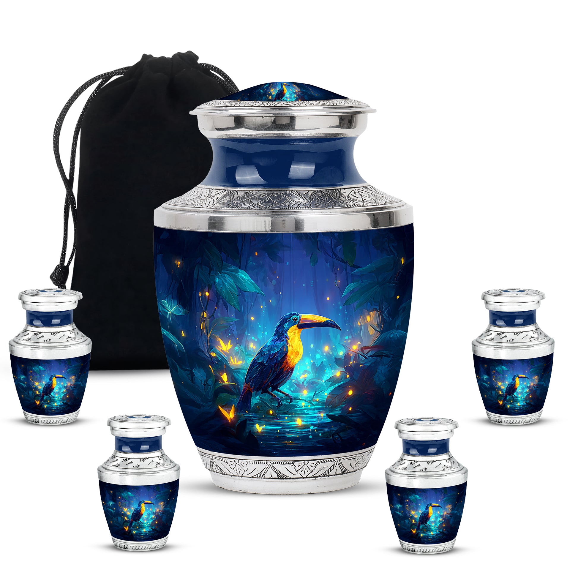 Powder Blue Hornbill Cremation Urn lifestyle display on memorial shelf - modern art-inspired hornbill motif on sleek aluminum - memorial set with one large and four small urns