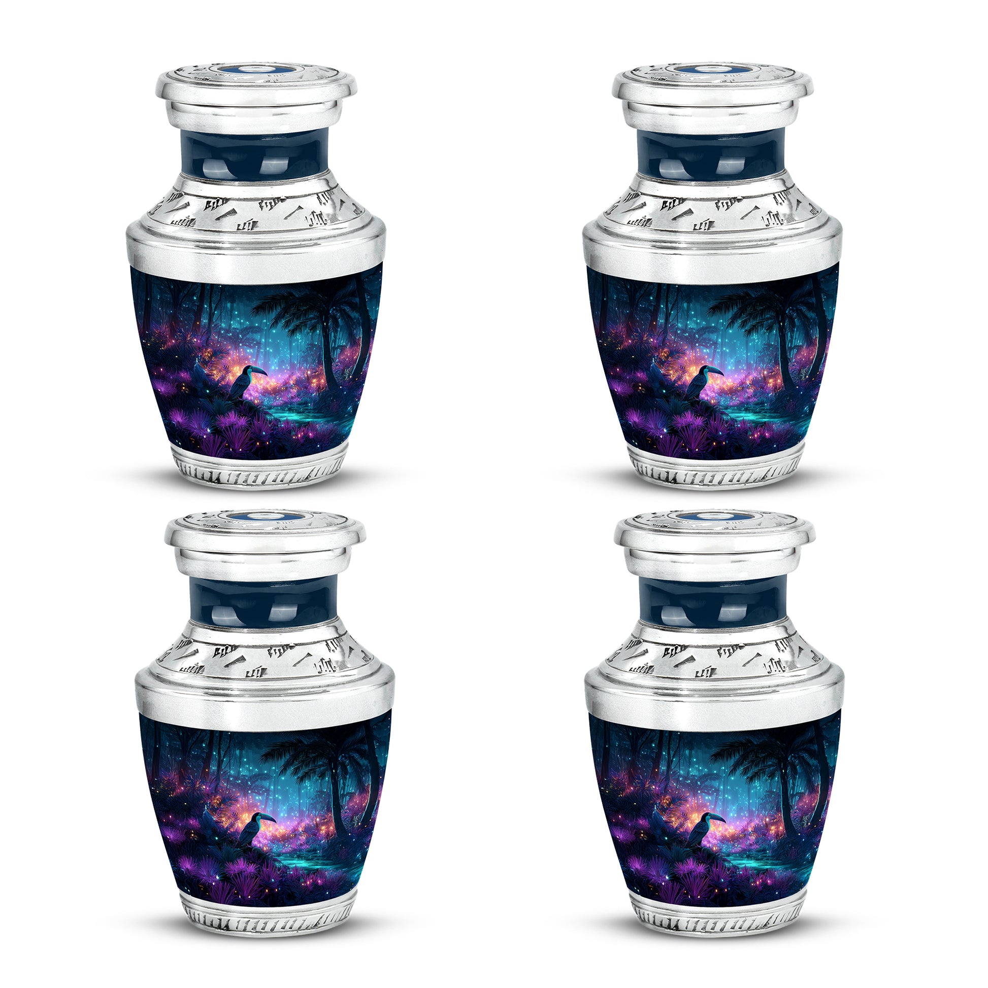 Twilight Blue Hornbill Cremation Urn back view with polished surface - stylized abstract hornbill pattern with bold lines - 10 inch aluminum urn for cremated remains