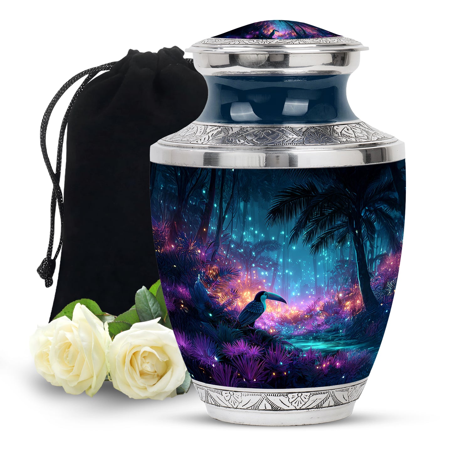 Sapphire Blue Hornbill Cremation Urn side profile showing urn shape - artistic hornbill interpretation with creative detail - full-size 10 inch 200 cubic inch adult cremation urn