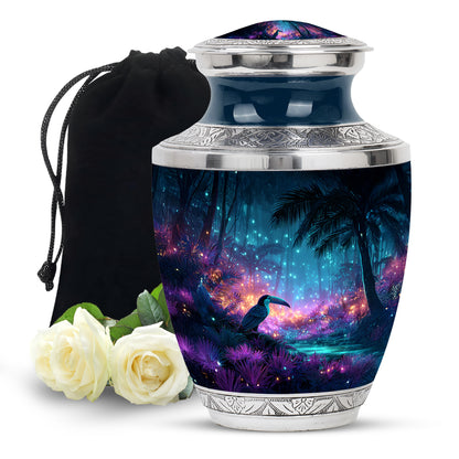 Sapphire Blue Hornbill Cremation Urn side profile showing urn shape - artistic hornbill interpretation with creative detail - full-size 10 inch 200 cubic inch adult cremation urn