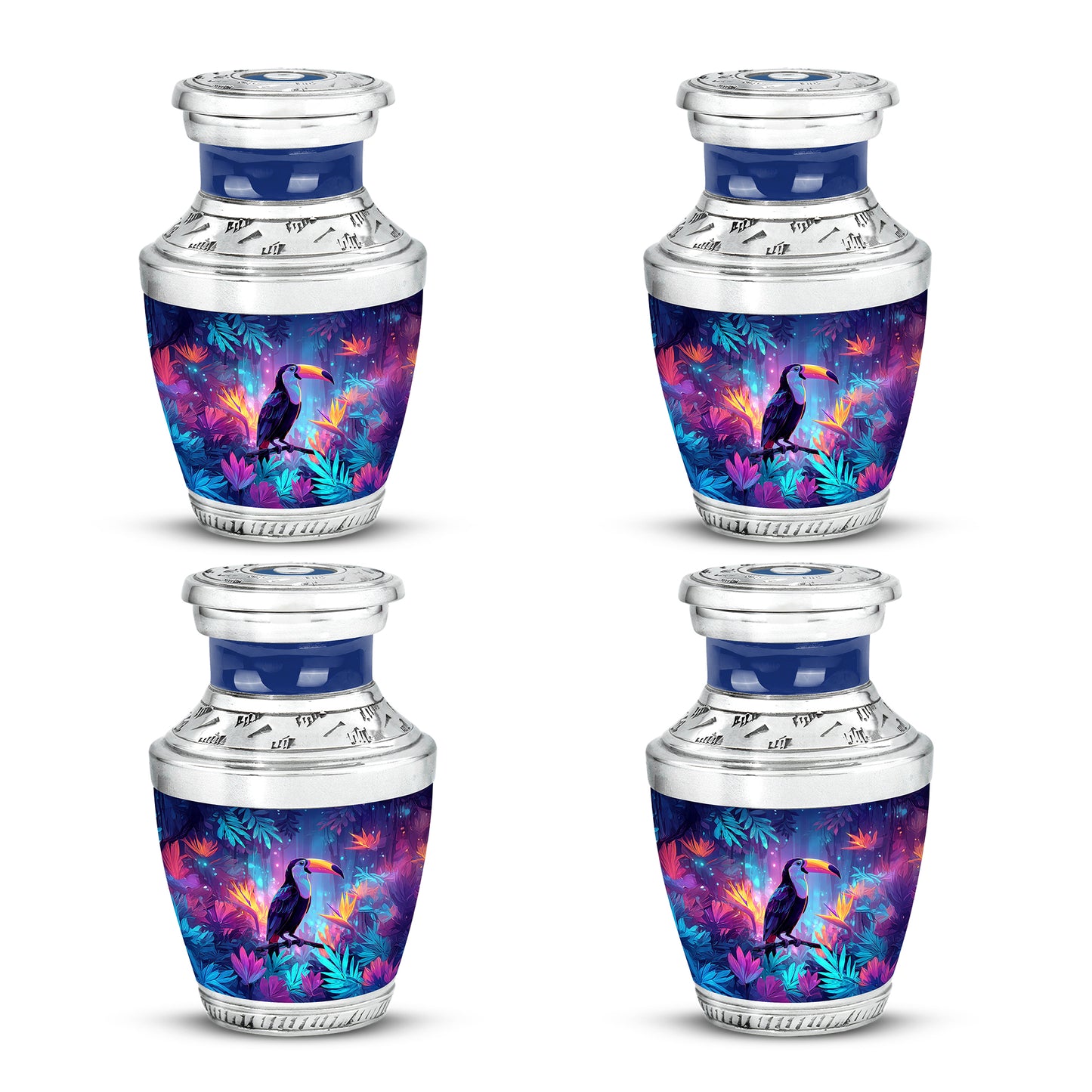 Dusty Blue Hornbill Cremation Urn back view with polished surface - modern art-inspired hornbill motif on sleek aluminum - 10 inch aluminum urn for cremated remains