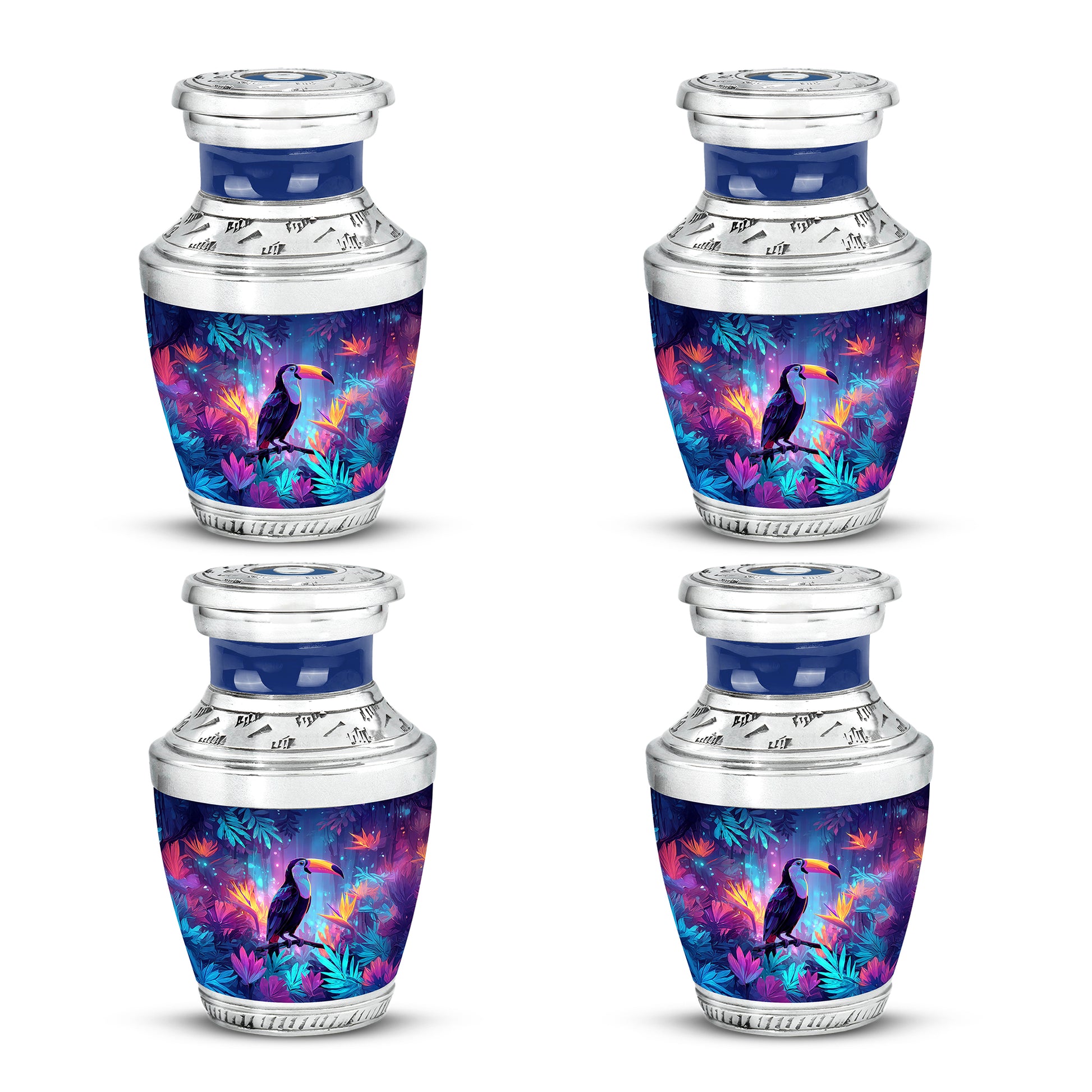 Dusty Blue Hornbill Cremation Urn back view with polished surface - modern art-inspired hornbill motif on sleek aluminum - 10 inch aluminum urn for cremated remains