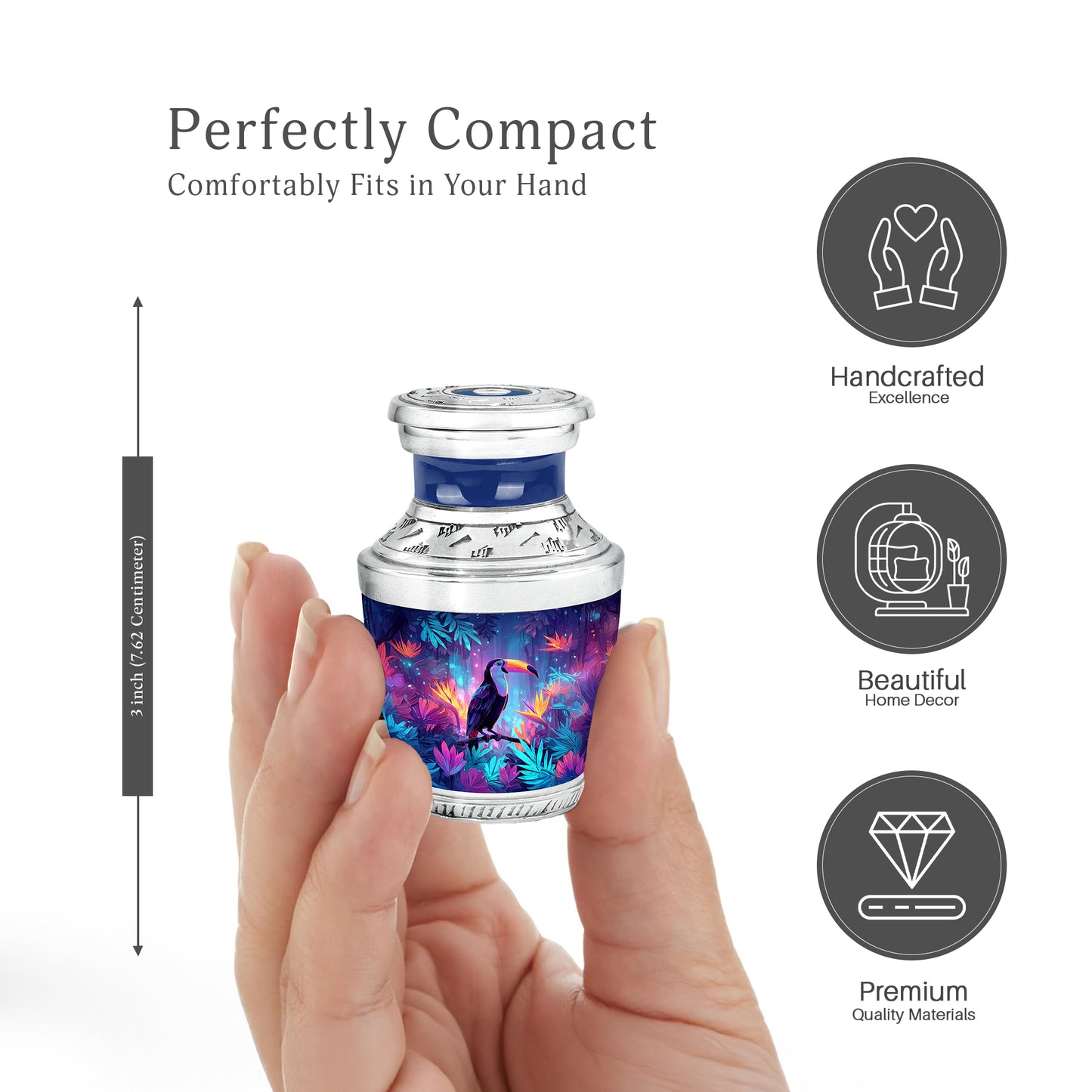 Royal Blue Hornbill Cremation Urn top-down view of secure threaded lid - artistic hornbill interpretation with creative detail - mini keepsake memorial for portion of cremation ashes