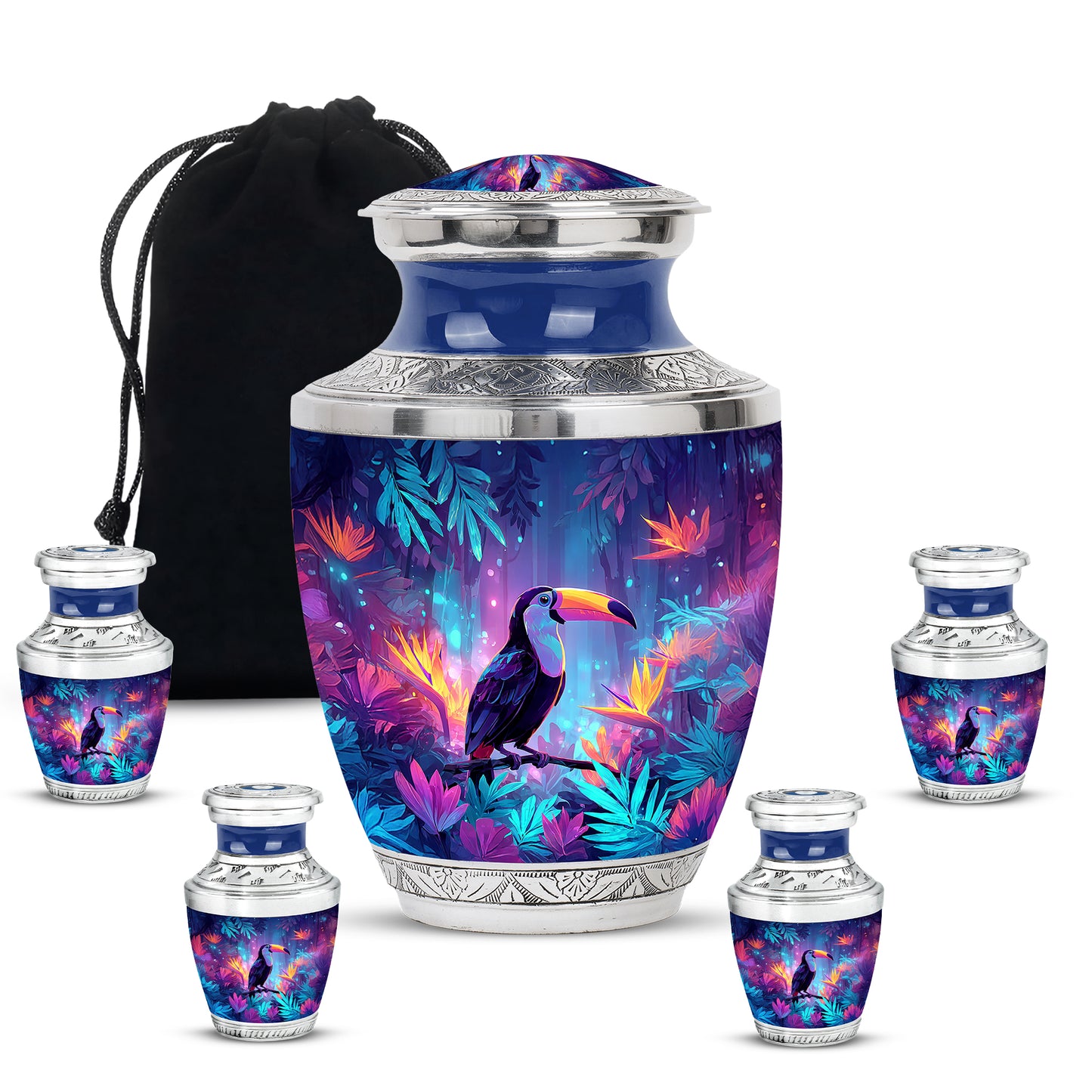 Calming Blue Hornbill Cremation Urn lifestyle display on memorial shelf - artistic hornbill interpretation with creative detail - memorial set with one large and four small urns