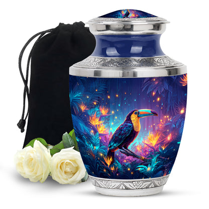 Indigo Hornbill Cremation Urn side profile showing urn shape - modern art-inspired hornbill motif on sleek aluminum - full-size 10 inch 200 cubic inch adult cremation urn