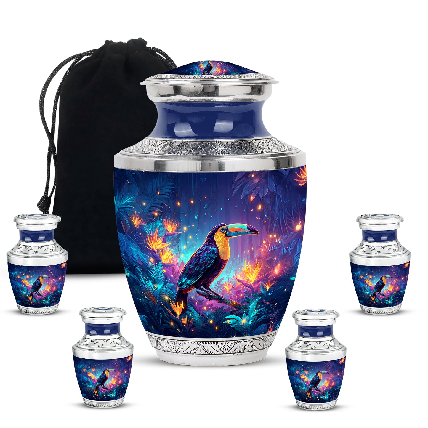 Soft Blue Hornbill Cremation Urn lifestyle display on memorial shelf - artistic hornbill interpretation with creative detail - memorial set with one large and four small urns