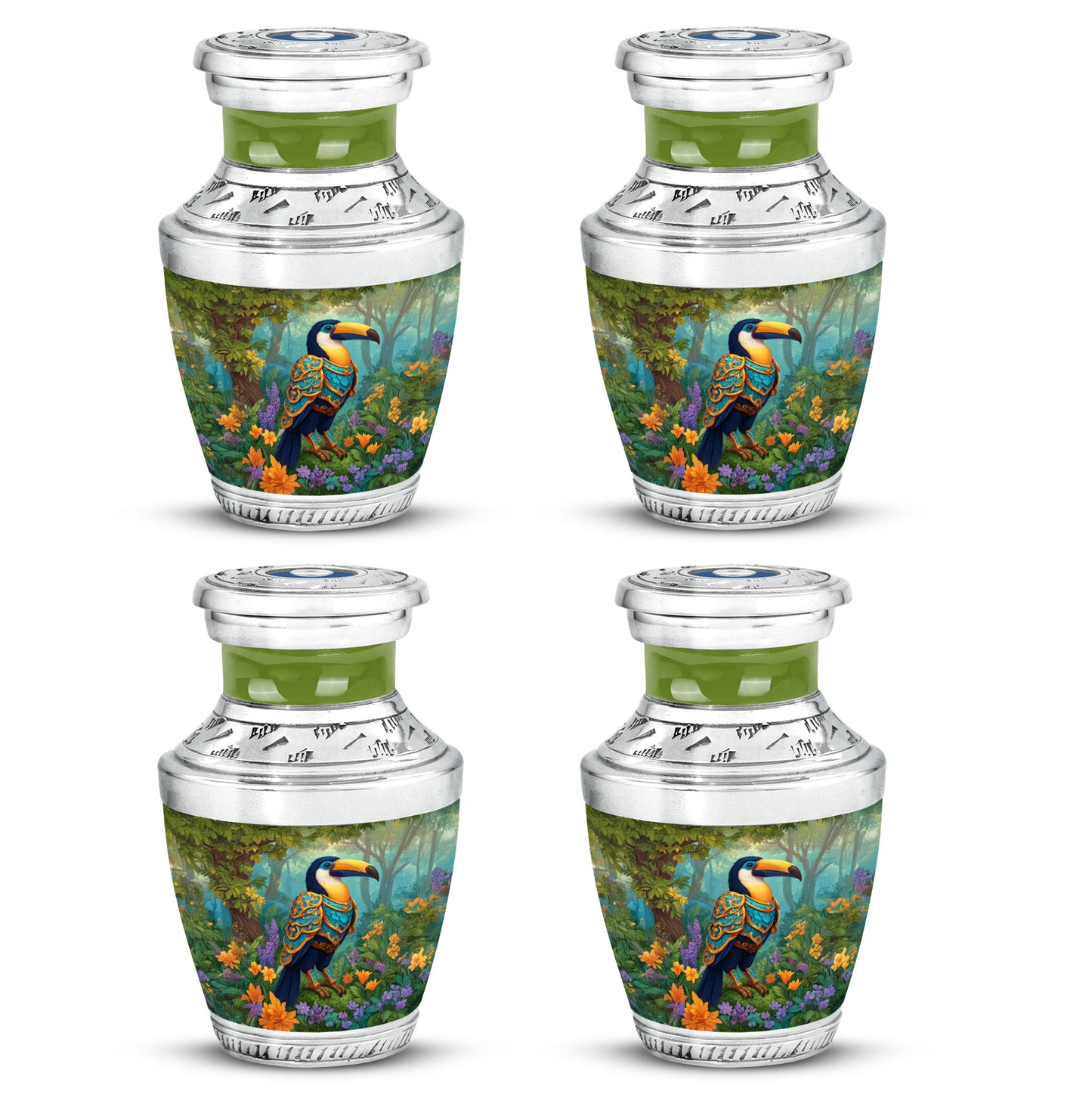Sunshine Yellow Hornbill Cremation Urn back view with polished surface - artistic hornbill interpretation with creative detail - 10 inch aluminum urn for cremated remains