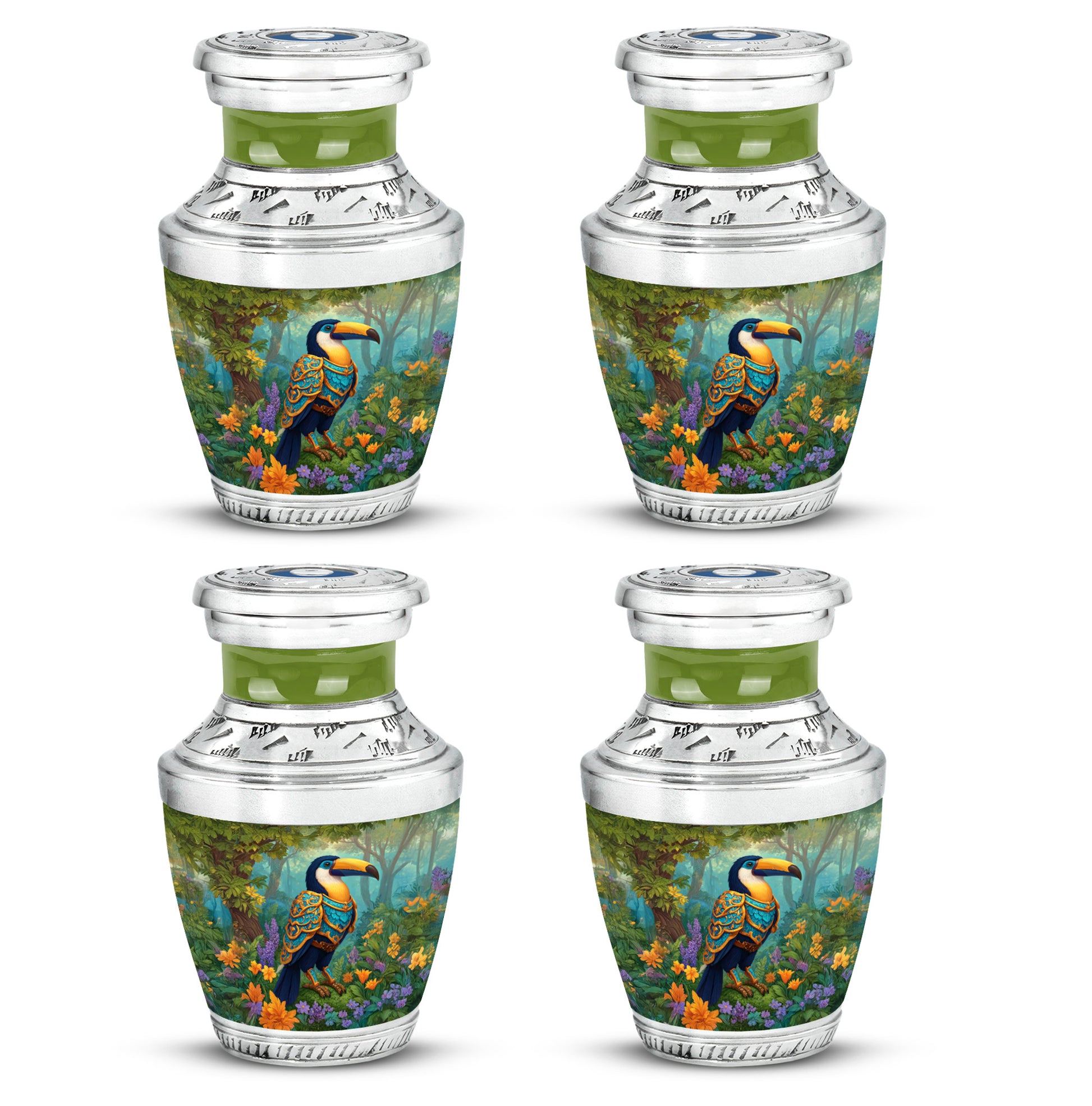 Sunshine Yellow Hornbill Cremation Urn back view with polished surface - artistic hornbill interpretation with creative detail - 10 inch aluminum urn for cremated remains