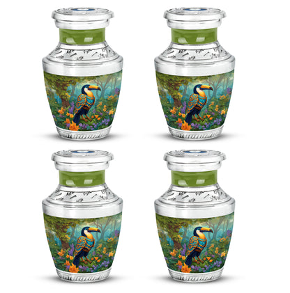 Sunshine Yellow Hornbill Cremation Urn back view with polished surface - artistic hornbill interpretation with creative detail - 10 inch aluminum urn for cremated remains