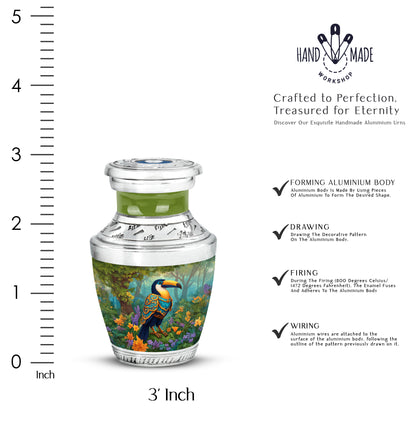 Soft Yellow Hornbill Cremation Urn top-down view of secure threaded lid - artistic hornbill interpretation with creative detail - mini keepsake memorial for portion of cremation ashes