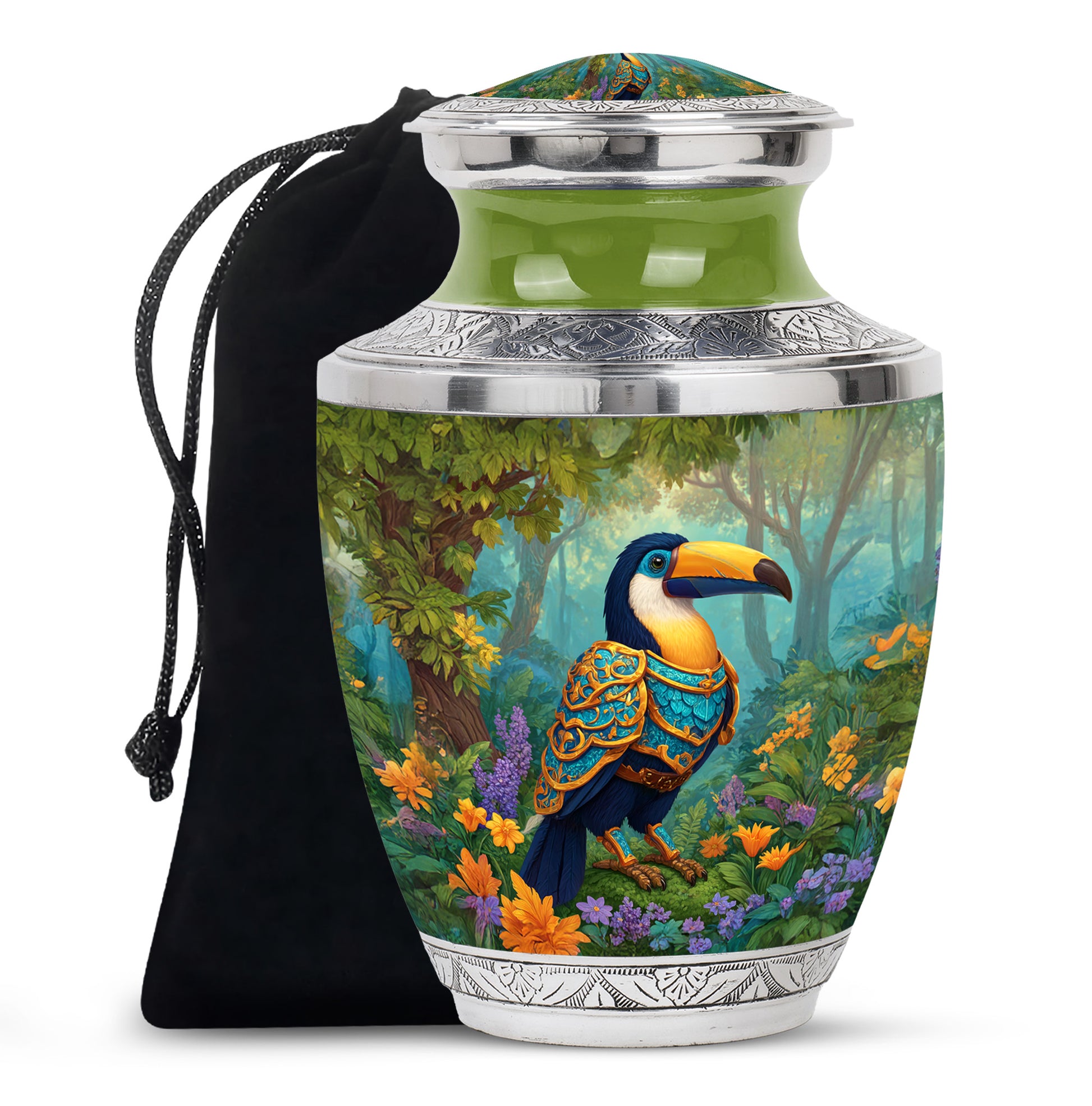 Amber Yellow Hornbill Cremation Urn side profile showing urn shape - modern art-inspired hornbill motif on sleek aluminum - full-size 10 inch 200 cubic inch adult cremation urn