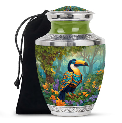 Amber Yellow Hornbill Cremation Urn side profile showing urn shape - modern art-inspired hornbill motif on sleek aluminum - full-size 10 inch 200 cubic inch adult cremation urn