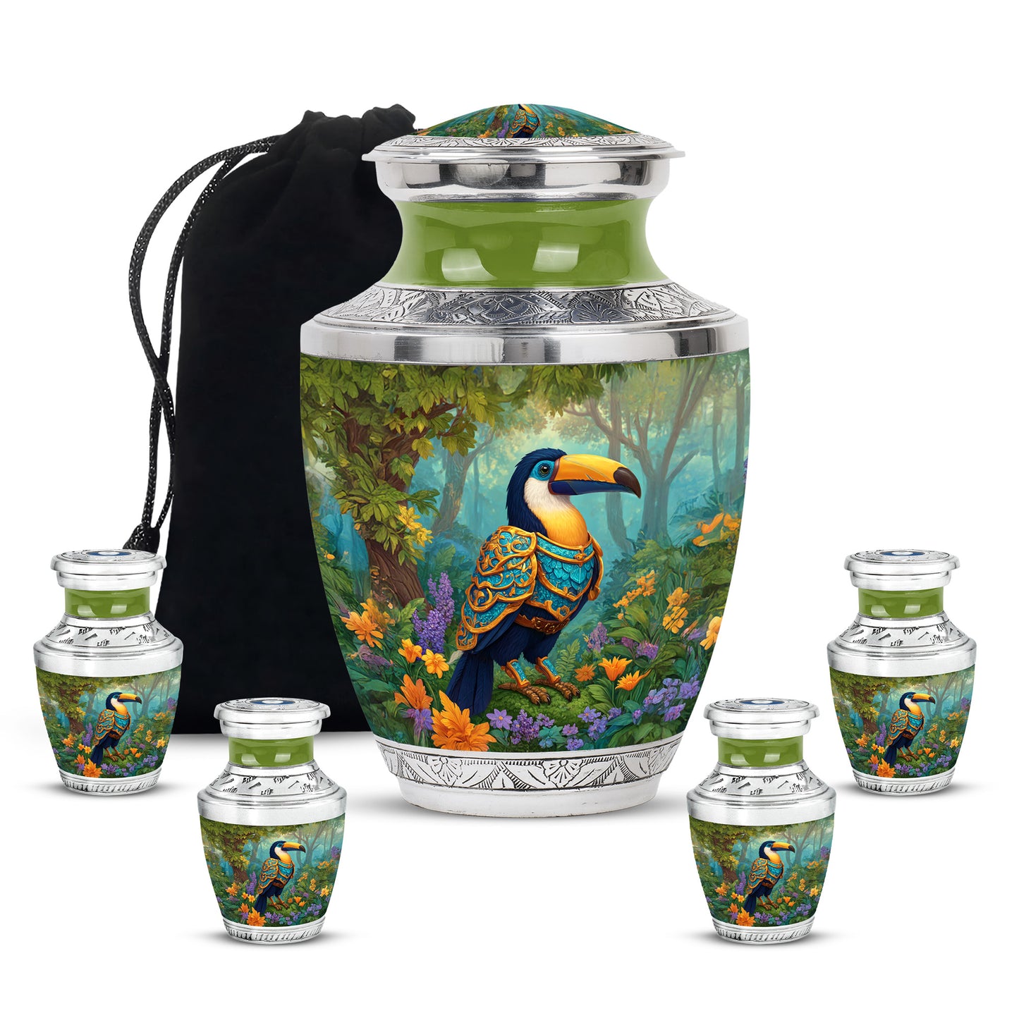 Lemon Yellow Hornbill Cremation Urn lifestyle display on memorial shelf - artistic hornbill interpretation with creative detail - memorial set with one large and four small urns