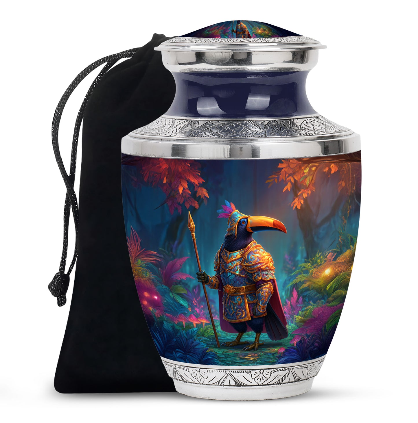 Blush Pink Hornbill Cremation Urn side profile showing urn shape - modern art-inspired hornbill motif on sleek aluminum - full-size 10 inch 200 cubic inch adult cremation urn