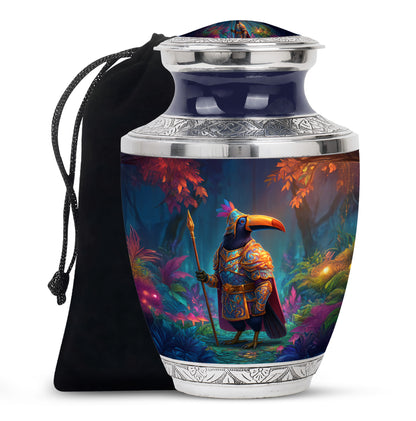 Blush Pink Hornbill Cremation Urn side profile showing urn shape - modern art-inspired hornbill motif on sleek aluminum - full-size 10 inch 200 cubic inch adult cremation urn