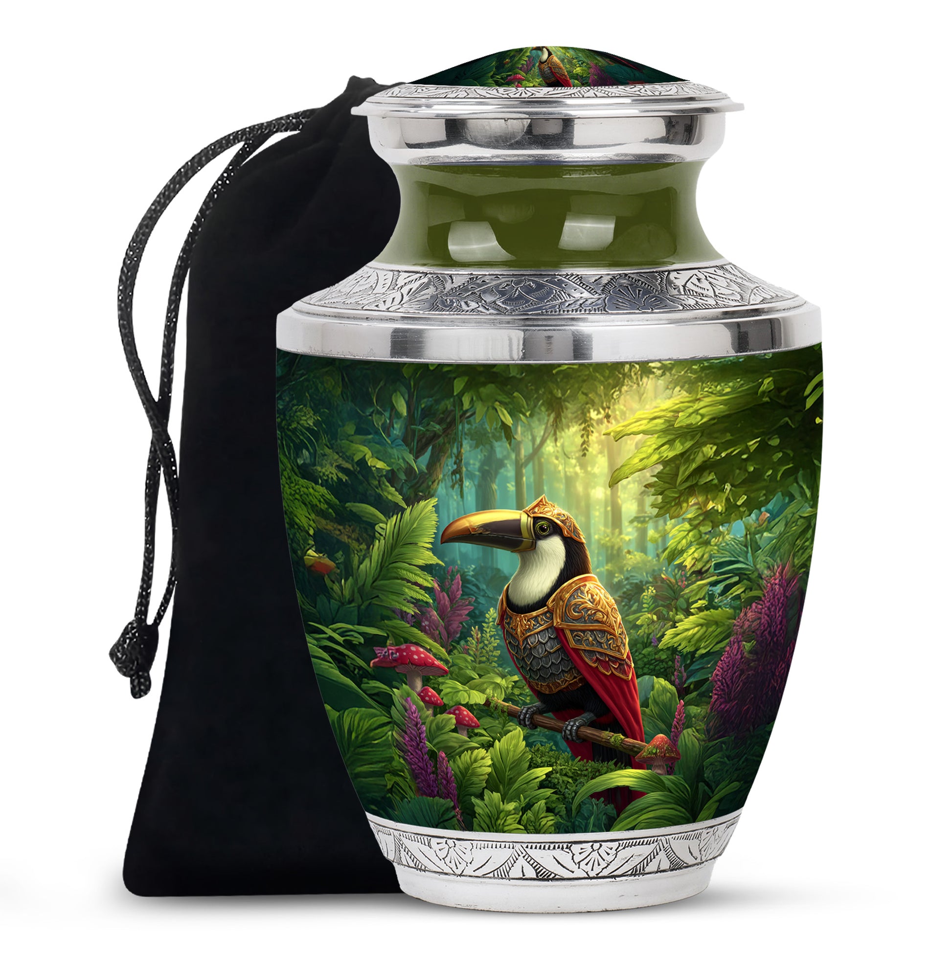 Golden Yellow Hornbill Cremation Urn side profile showing urn shape - modern art-inspired hornbill motif on sleek aluminum - full-size 10 inch 200 cubic inch adult cremation urn