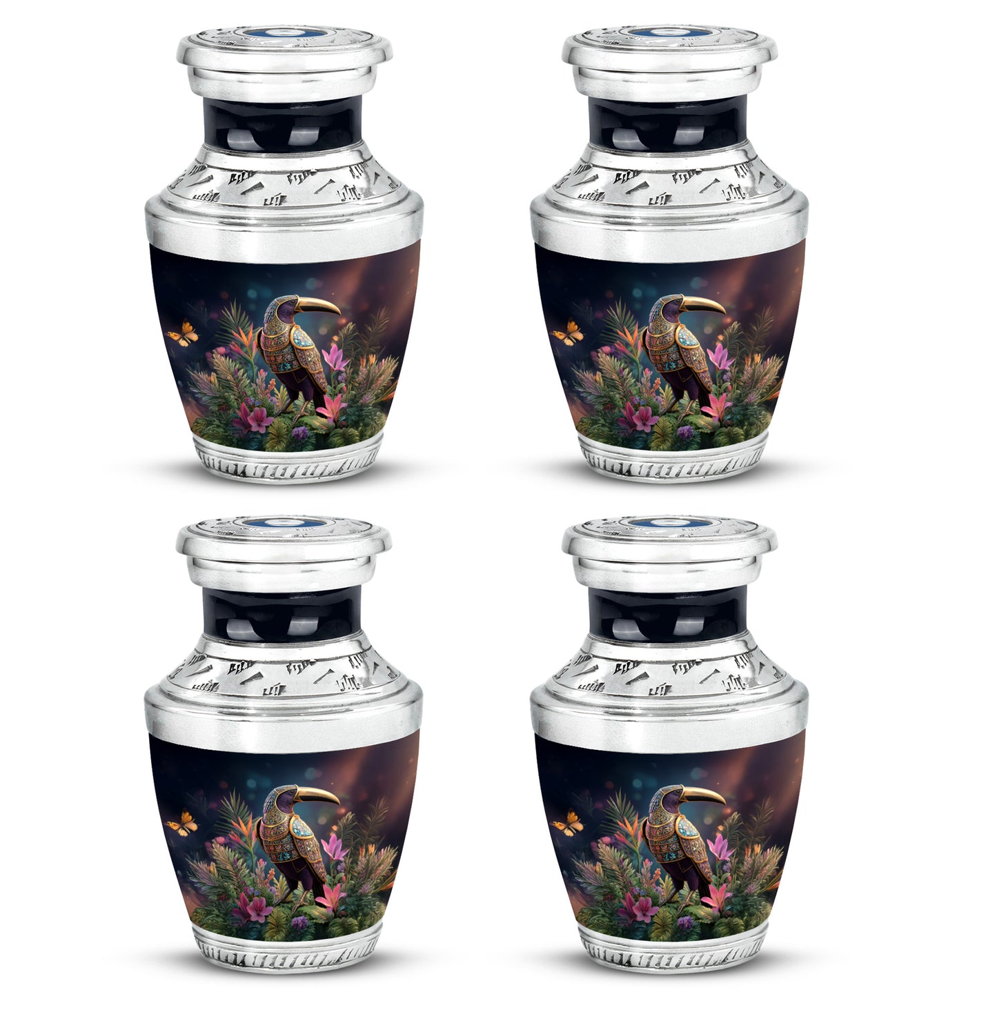 Obsidian Black Hornbill Cremation Urn back view with polished surface - stylized abstract hornbill pattern with bold lines - 10 inch aluminum urn for cremated remains