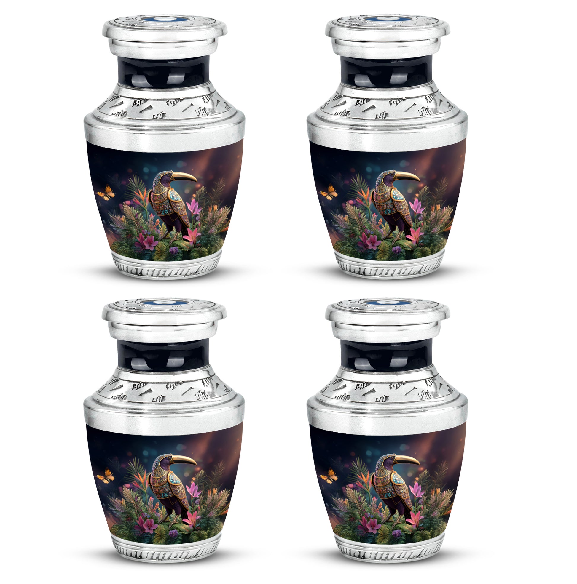 Obsidian Black Hornbill Cremation Urn back view with polished surface - stylized abstract hornbill pattern with bold lines - 10 inch aluminum urn for cremated remains