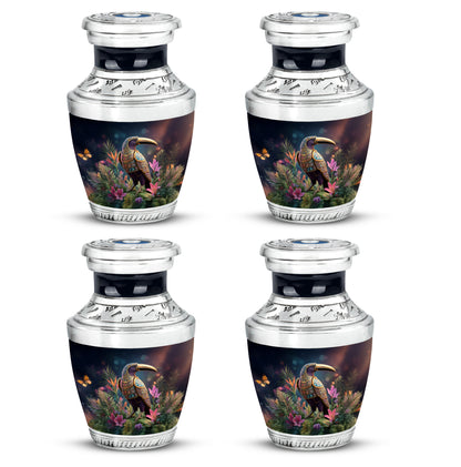 Obsidian Black Hornbill Cremation Urn back view with polished surface - stylized abstract hornbill pattern with bold lines - 10 inch aluminum urn for cremated remains