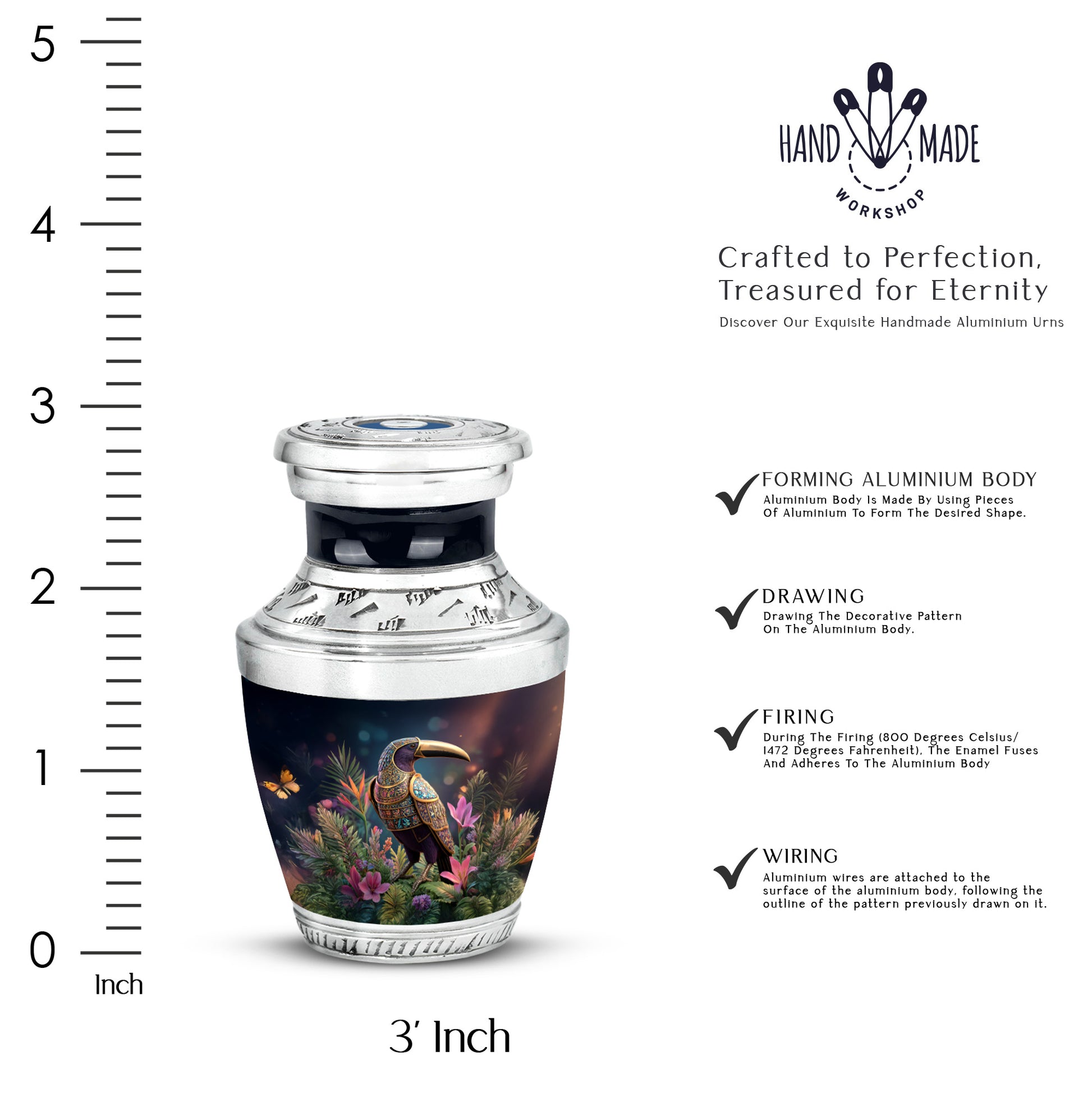 Ebony Hornbill Cremation Urn top-down view of secure threaded lid - modern art-inspired hornbill motif on sleek aluminum - mini keepsake memorial for portion of cremation ashes