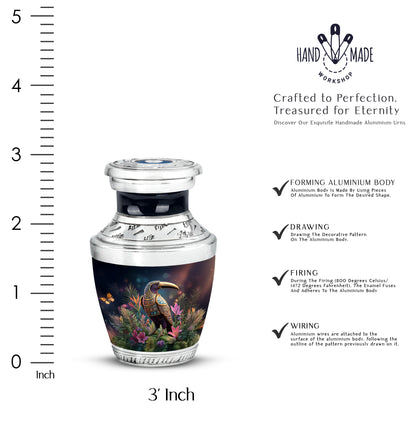 Ebony Hornbill Cremation Urn top-down view of secure threaded lid - modern art-inspired hornbill motif on sleek aluminum - mini keepsake memorial for portion of cremation ashes