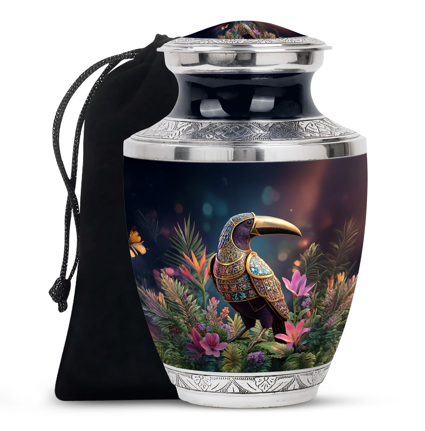 Glossy Black Hornbill Cremation Urn side profile showing urn shape - contemporary hornbill design with modern artistic flair - full-size 10 inch 200 cubic inch adult cremation urn