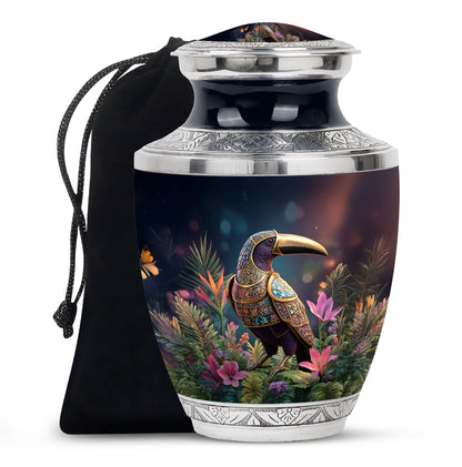 Glossy Black Hornbill Cremation Urn side profile showing urn shape - contemporary hornbill design with modern artistic flair - full-size 10 inch 200 cubic inch adult cremation urn