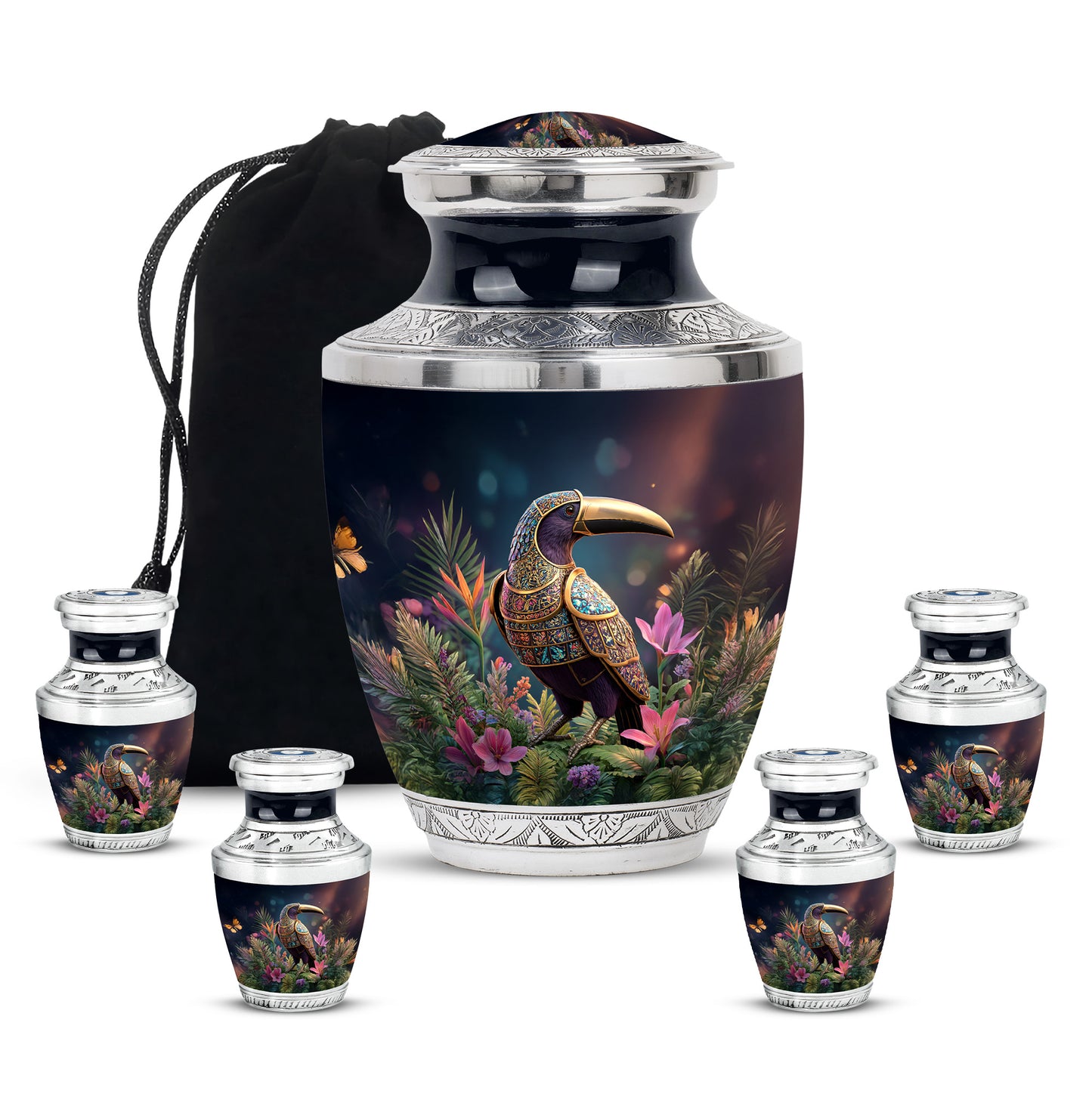 Charcoal Black Hornbill Cremation Urn lifestyle display on memorial shelf - artistic hornbill interpretation with creative detail - memorial set with one large and four small urns