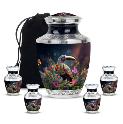Charcoal Black Hornbill Cremation Urn lifestyle display on memorial shelf - artistic hornbill interpretation with creative detail - memorial set with one large and four small urns