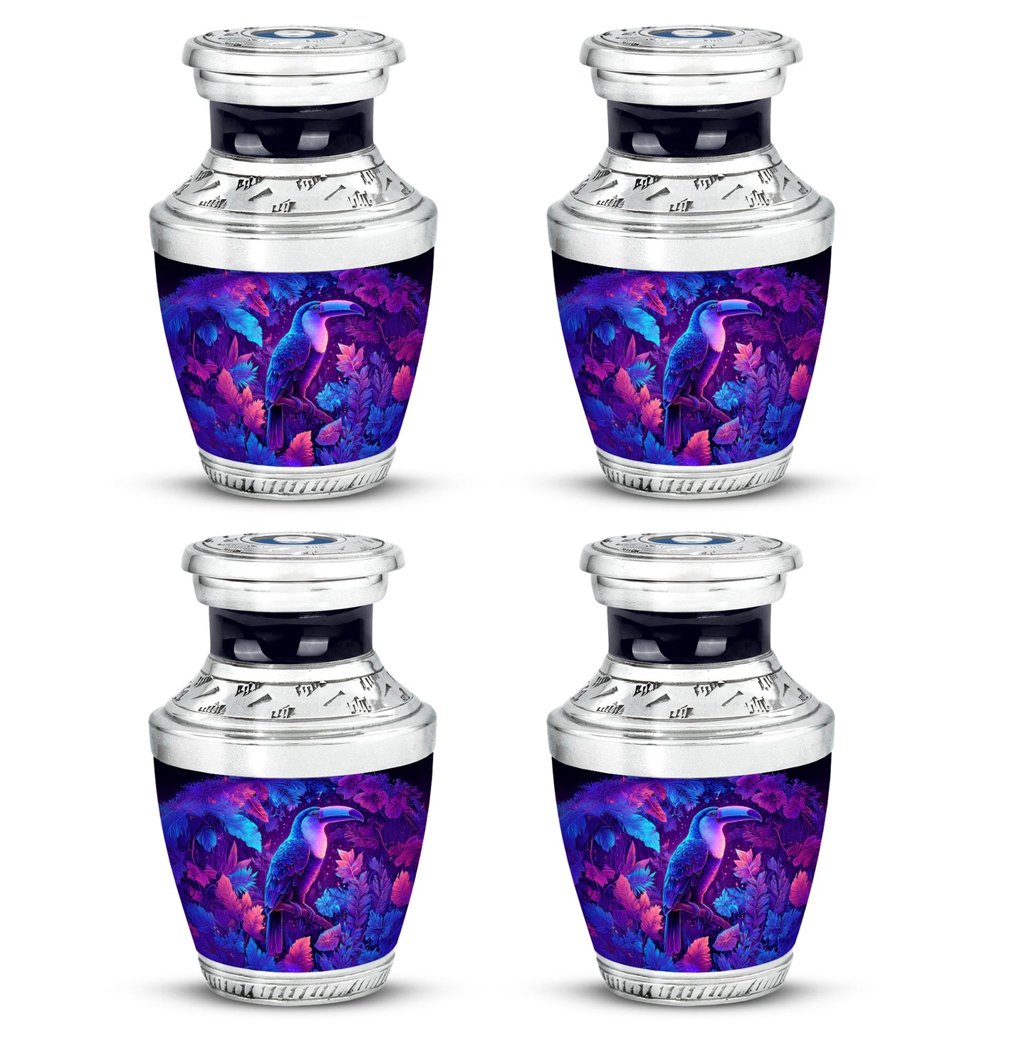 Sapphire Blue Hornbill Cremation Urn back view with polished surface - artistic hornbill interpretation with creative detail - 10 inch aluminum urn for cremated remains