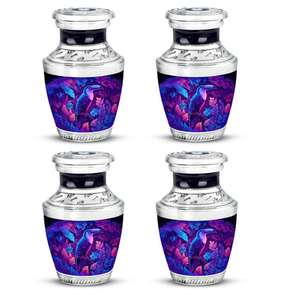 Sapphire Blue Hornbill Cremation Urn back view with polished surface - artistic hornbill interpretation with creative detail - 10 inch aluminum urn for cremated remains
