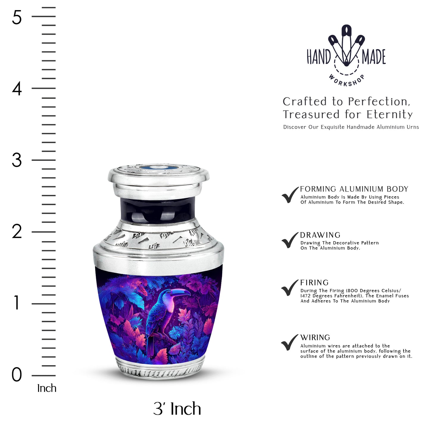 Soft Blue Hornbill Cremation Urn top-down view of secure threaded lid - artistic hornbill interpretation with creative detail - mini keepsake memorial for portion of cremation ashes