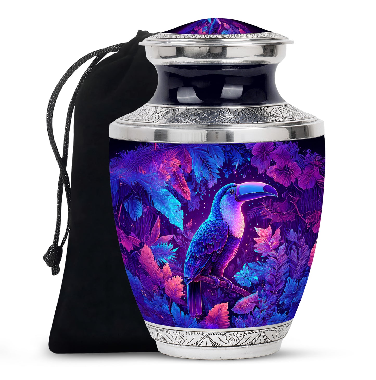 Royal Blue Hornbill Cremation Urn side profile showing urn shape - stylized abstract hornbill pattern with bold lines - full-size 10 inch 200 cubic inch adult cremation urn