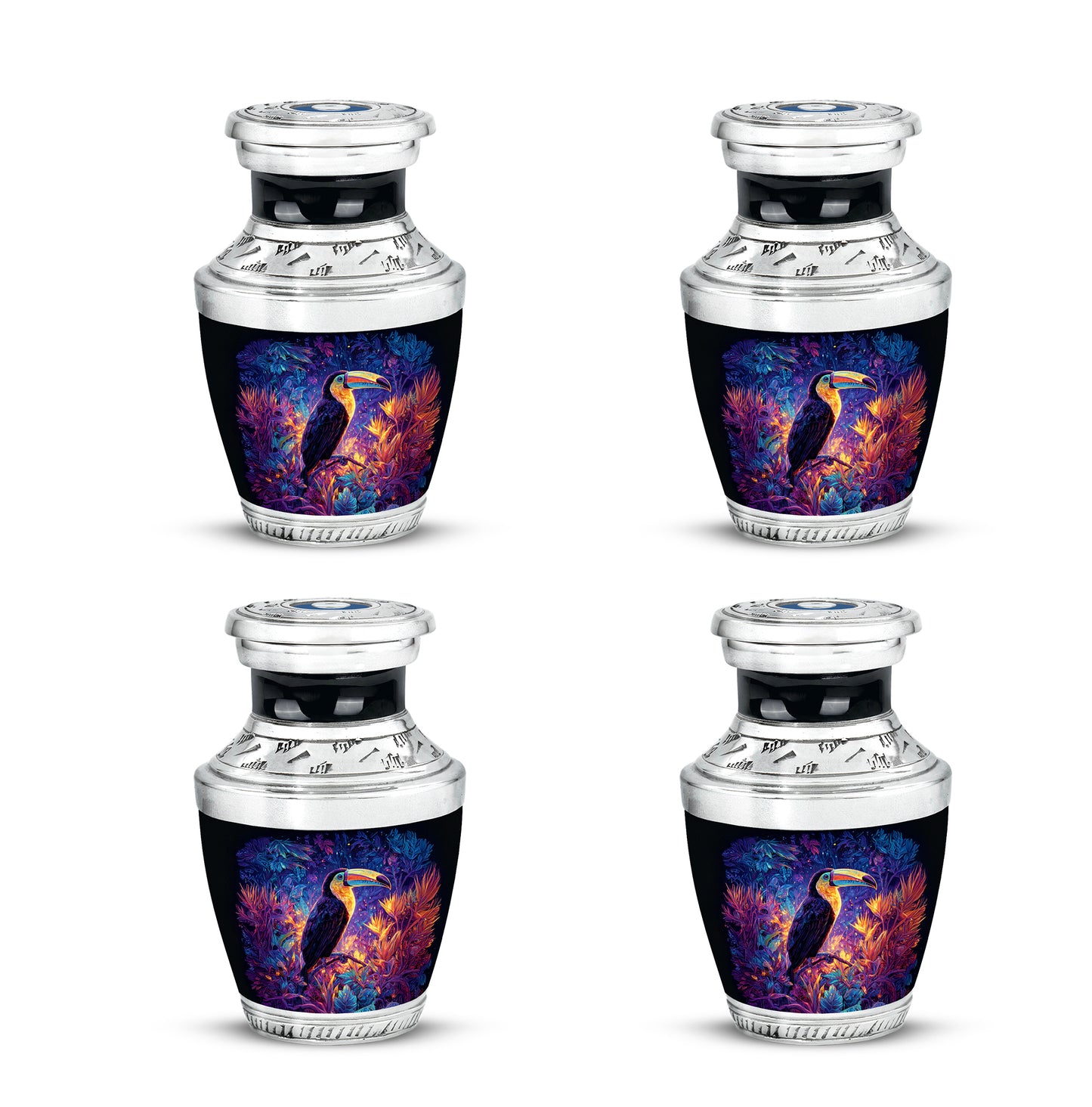 Navy Blue Hornbill Cremation Urn back view with polished surface - contemporary hornbill design with modern artistic flair - 10 inch aluminum urn for cremated remains