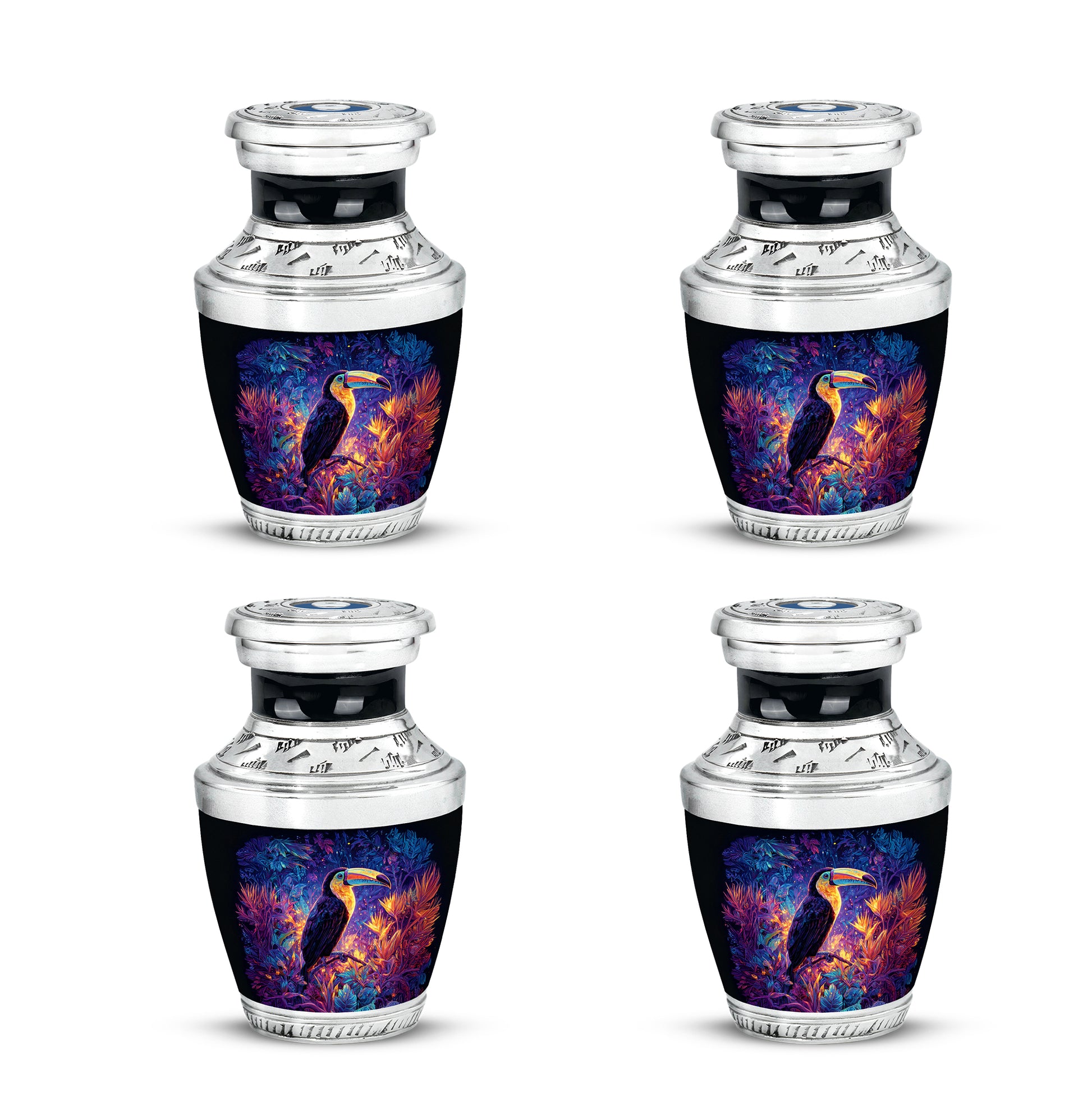Navy Blue Hornbill Cremation Urn back view with polished surface - contemporary hornbill design with modern artistic flair - 10 inch aluminum urn for cremated remains