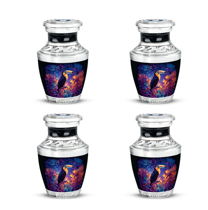 Navy Blue Hornbill Cremation Urn back view with polished surface - contemporary hornbill design with modern artistic flair - 10 inch aluminum urn for cremated remains