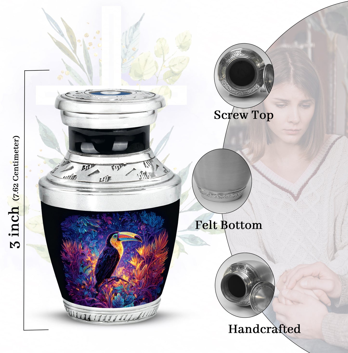 Cornflower Blue Hornbill Cremation Urn top-down view of secure threaded lid - stylized abstract hornbill pattern with bold lines - mini keepsake memorial for portion of cremation ashes