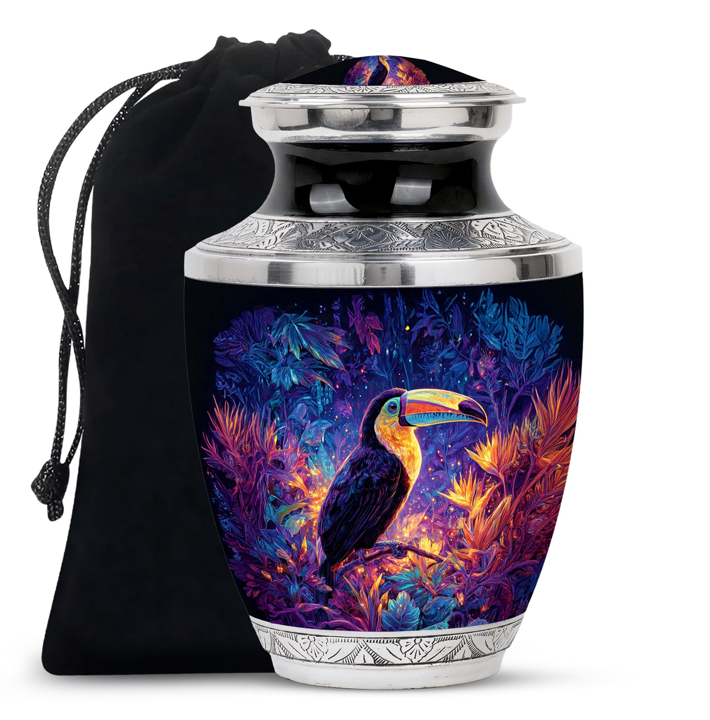 Sapphire Blue Hornbill Cremation Urn side profile showing urn shape - stylized abstract hornbill pattern with bold lines - full-size 10 inch 200 cubic inch adult cremation urn