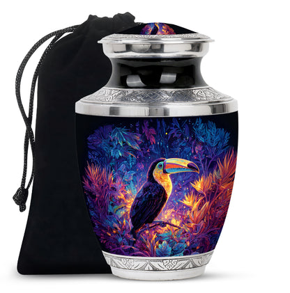 Sapphire Blue Hornbill Cremation Urn side profile showing urn shape - stylized abstract hornbill pattern with bold lines - full-size 10 inch 200 cubic inch adult cremation urn