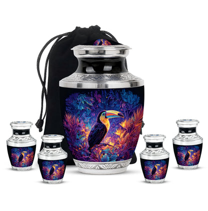 Celestial Blue Hornbill Cremation Urn lifestyle display on memorial shelf - contemporary hornbill design with modern artistic flair - memorial set with one large and four small urns