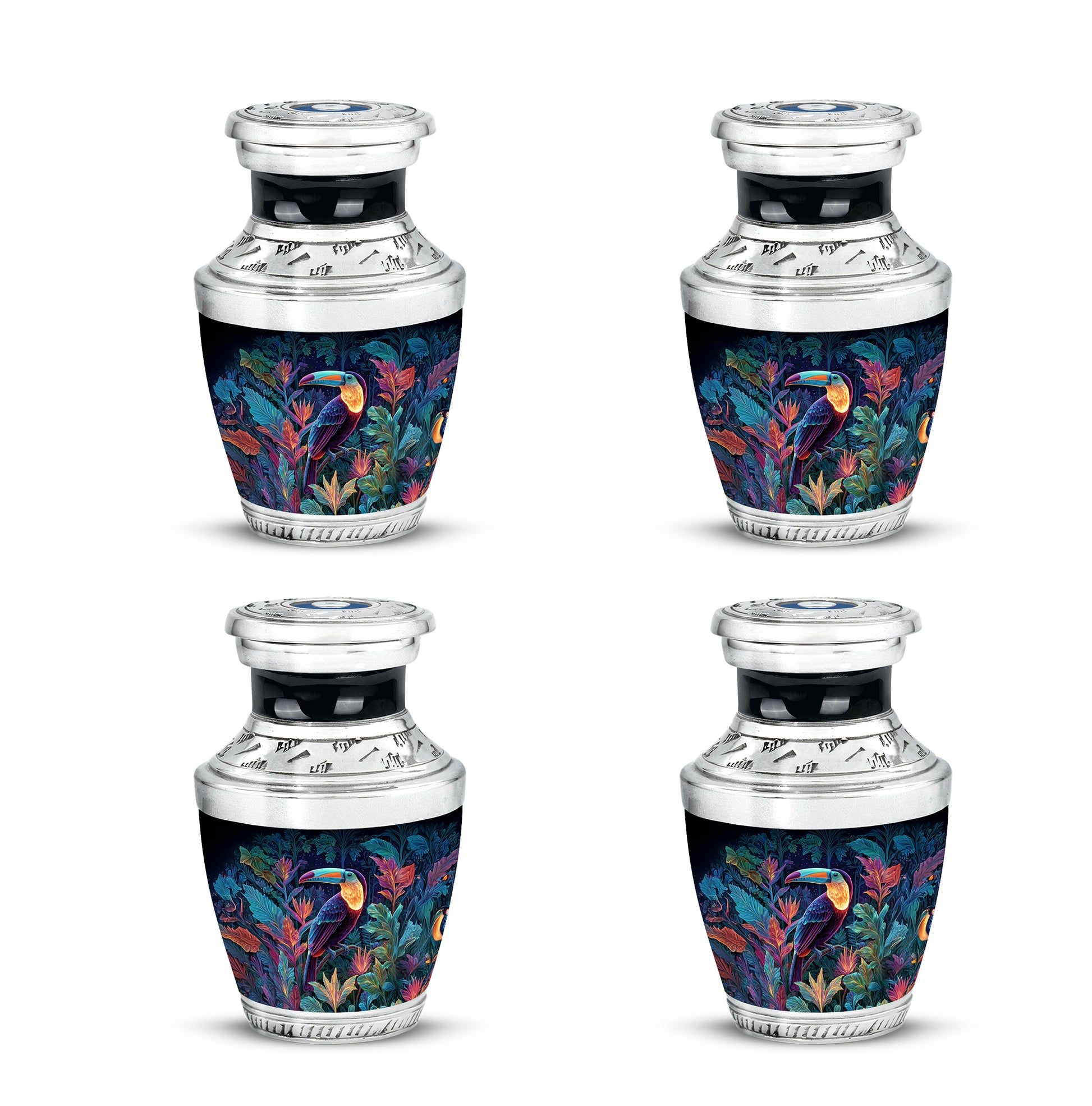 Vivid Blue Hornbill Cremation Urn back view with polished surface - stylized abstract hornbill pattern with bold lines - 10 inch aluminum urn for cremated remains