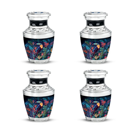 Vivid Blue Hornbill Cremation Urn back view with polished surface - stylized abstract hornbill pattern with bold lines - 10 inch aluminum urn for cremated remains