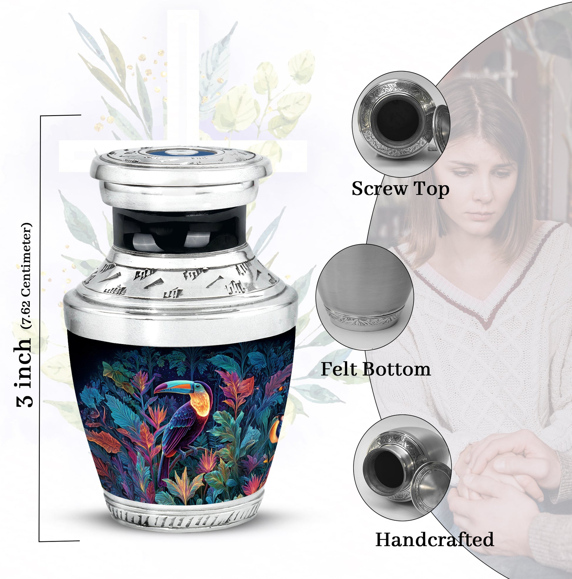 Serene Blue Hornbill Cremation Urn top-down view of secure threaded lid - stylized abstract hornbill pattern with bold lines - mini keepsake memorial for portion of cremation ashes